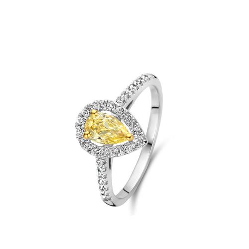 Bague en or blanc, diamant jaune et diamants